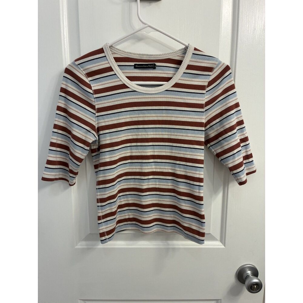 Abercrombie & Fitch Ribbed Striped Top Women's Medium Brown Blue 3/4 Sleeve